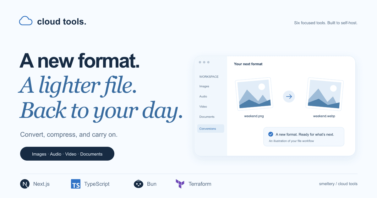 Cloud Tools: a new format, a little less friction. File conversion on a light blue background.